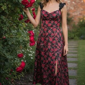 Francesca's Collections Black Midi Dress with Red Floral Design